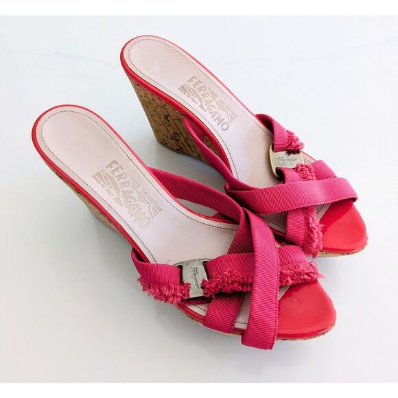 EUC Salvatore Ferragamo Pink Red Grosgrain Ribbon Logo Cork Wedges Size 8.5 - Picture 1 of 9
